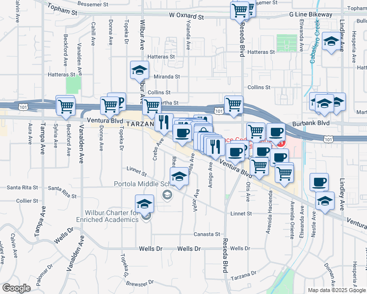 map of restaurants, bars, coffee shops, grocery stores, and more near 18700 Ventura Boulevard in Los Angeles