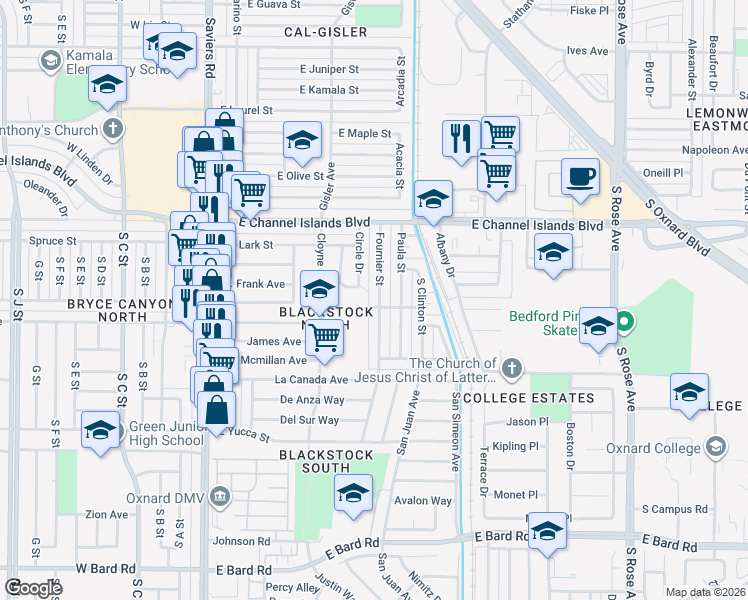 map of restaurants, bars, coffee shops, grocery stores, and more near 3213 Fournier Street in Oxnard