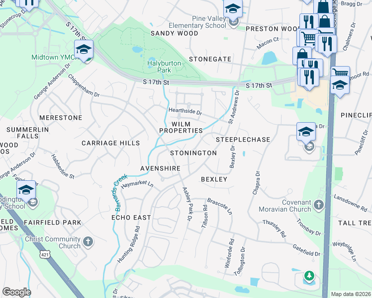 map of restaurants, bars, coffee shops, grocery stores, and more near 1417 Stonington Drive in Wilmington