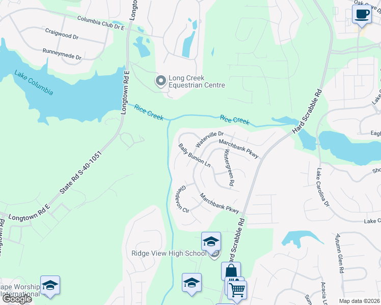map of restaurants, bars, coffee shops, grocery stores, and more near 406 Waterville Drive in Columbia