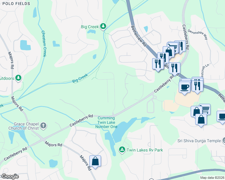 map of restaurants, bars, coffee shops, grocery stores, and more near 6025 Bluff Heights Drive in Cumming