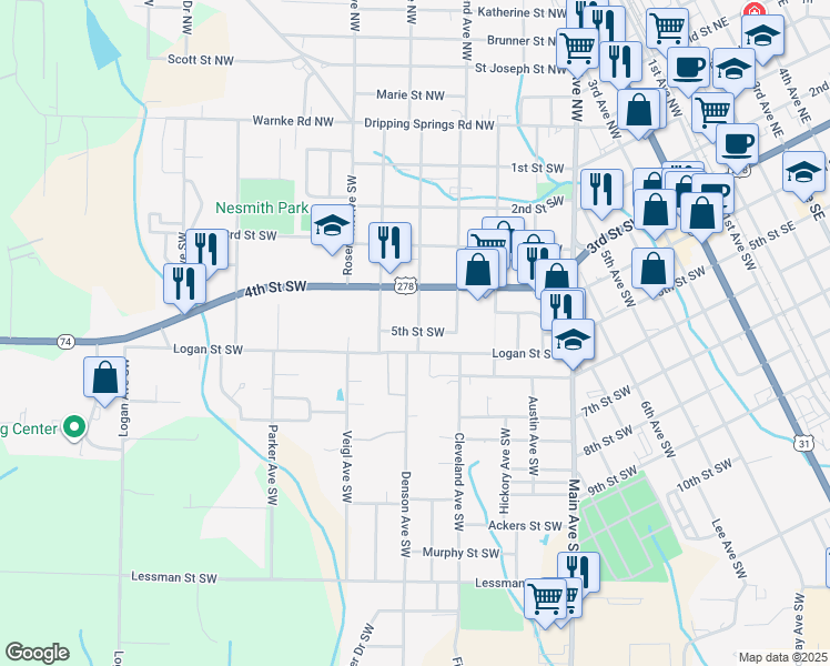 map of restaurants, bars, coffee shops, grocery stores, and more near 1407 Logan Street Southwest in Cullman