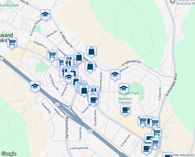 map of restaurants, bars, coffee shops, grocery stores, and more near 95 Duesenberg Drive in Westlake Village