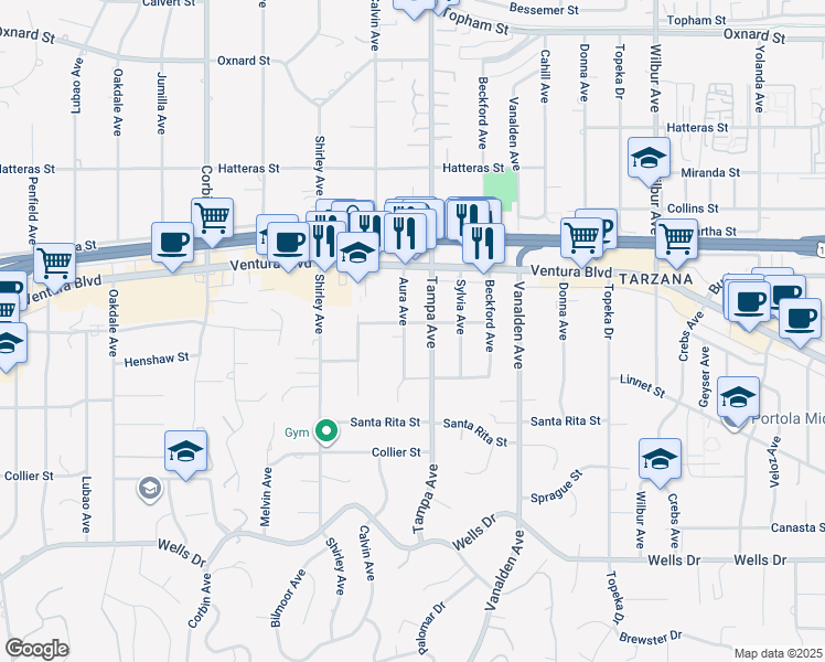 map of restaurants, bars, coffee shops, grocery stores, and more near 5460 Aura Avenue in Los Angeles
