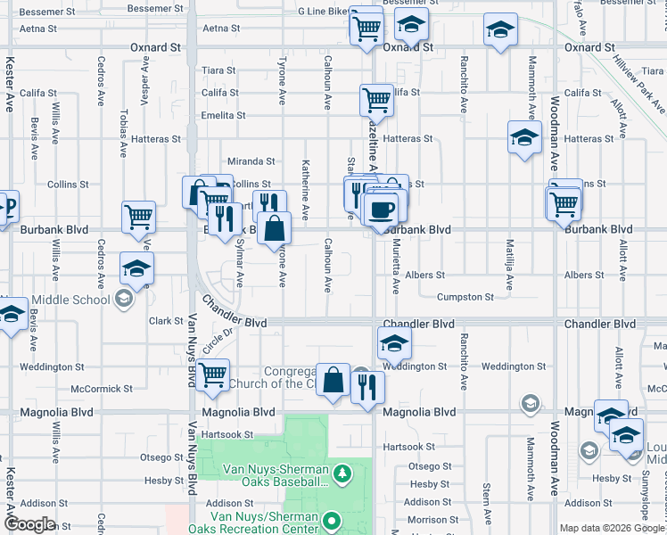 map of restaurants, bars, coffee shops, grocery stores, and more near 5414 Calhoun Avenue in Los Angeles