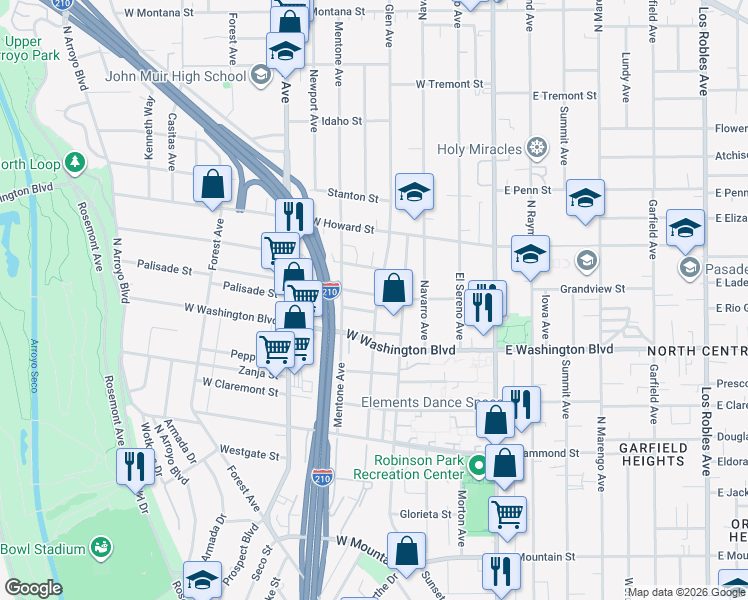 map of restaurants, bars, coffee shops, grocery stores, and more near 256 Macdonald Street in Pasadena