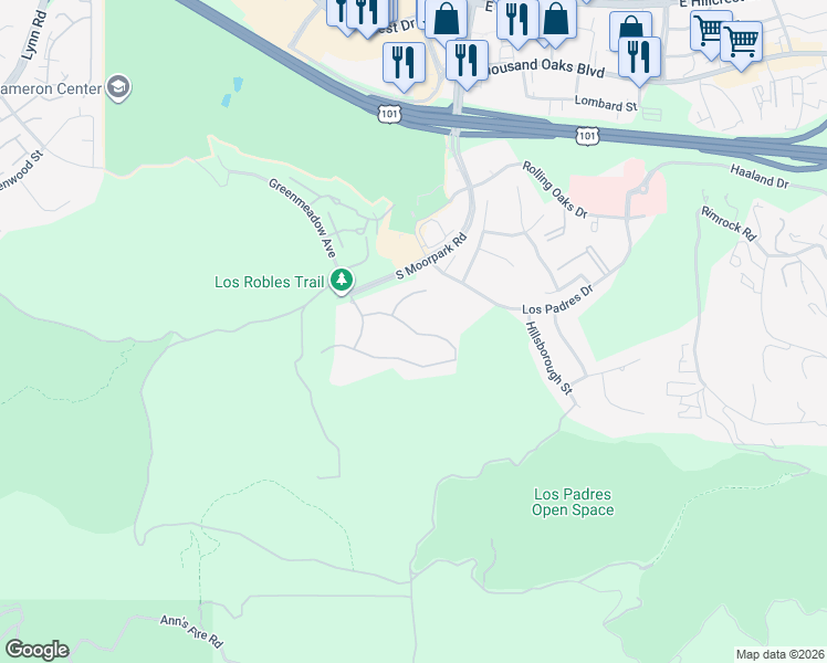 map of restaurants, bars, coffee shops, grocery stores, and more near Inverness Road in Thousand Oaks