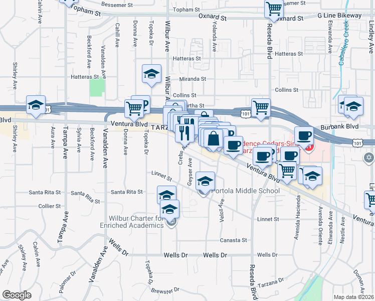 map of restaurants, bars, coffee shops, grocery stores, and more near 5436 Crebs Avenue in Los Angeles