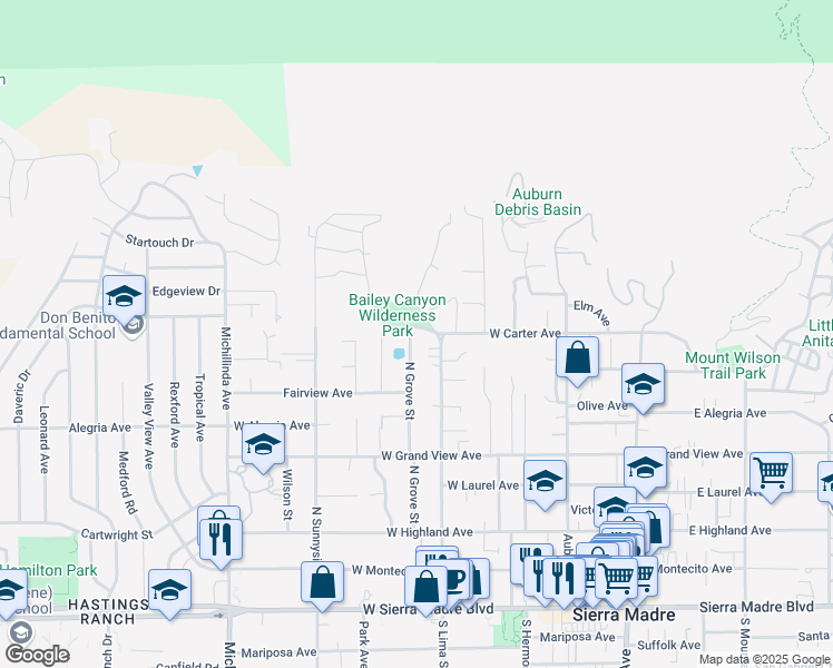 map of restaurants, bars, coffee shops, grocery stores, and more near 400 West Carter Avenue in Sierra Madre