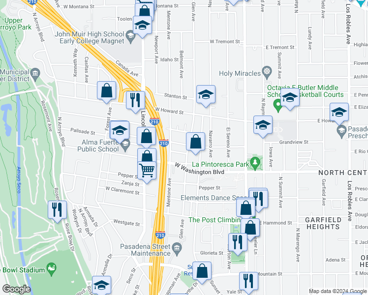 map of restaurants, bars, coffee shops, grocery stores, and more near 262 Macdonald Street in Pasadena
