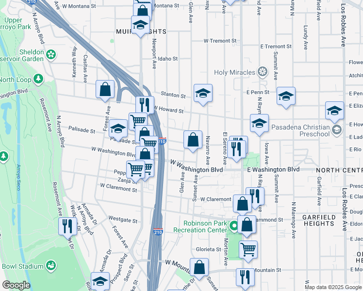 map of restaurants, bars, coffee shops, grocery stores, and more near 284 Palisade Street in Pasadena