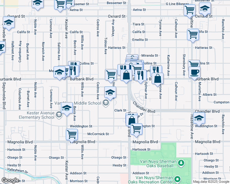 map of restaurants, bars, coffee shops, grocery stores, and more near 5473 Vesper Avenue in Los Angeles