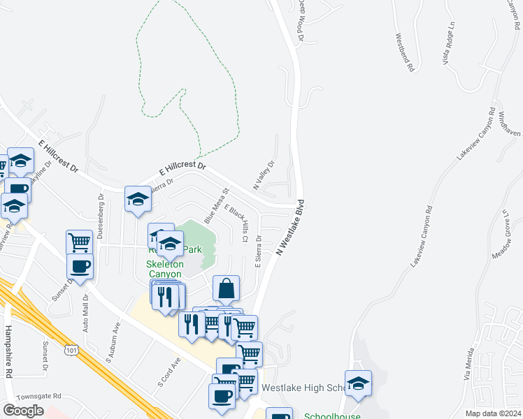map of restaurants, bars, coffee shops, grocery stores, and more near 2909 Salmon River Circle in Westlake Village