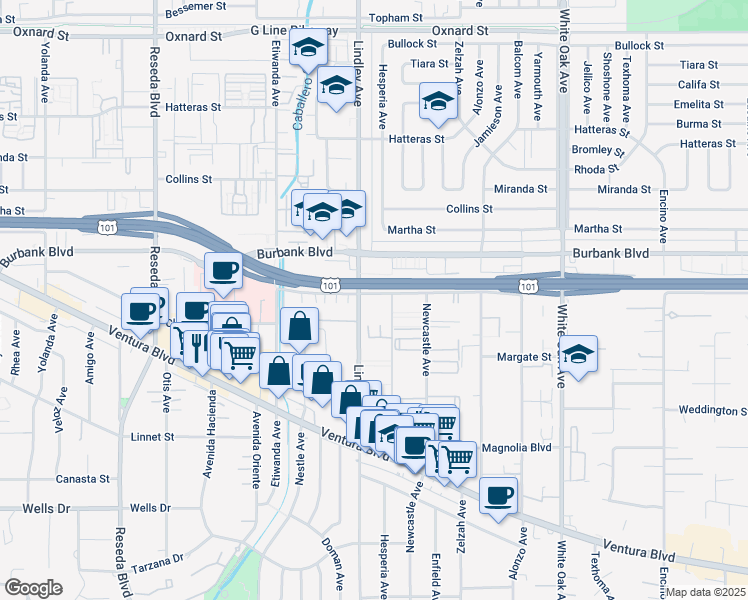 map of restaurants, bars, coffee shops, grocery stores, and more near 5500 Lindley Avenue in Los Angeles