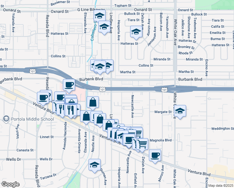 map of restaurants, bars, coffee shops, grocery stores, and more near 5500 Lindley Avenue in Los Angeles
