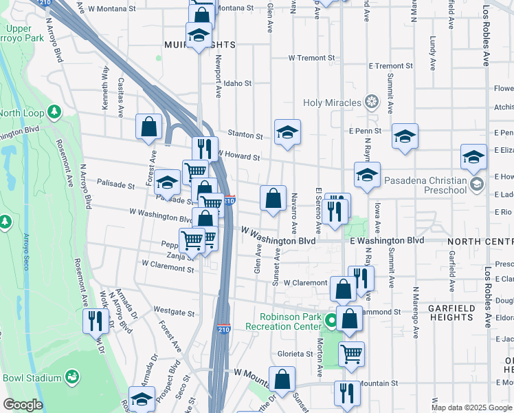 map of restaurants, bars, coffee shops, grocery stores, and more near 262 Macdonald Street in Pasadena