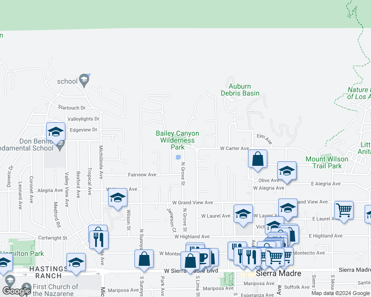 map of restaurants, bars, coffee shops, grocery stores, and more near 400 West Carter Avenue in Sierra Madre