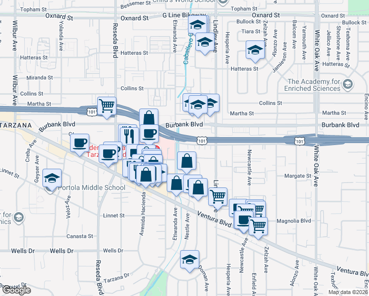 map of restaurants, bars, coffee shops, grocery stores, and more near 5477 Nestle Avenue in Los Angeles