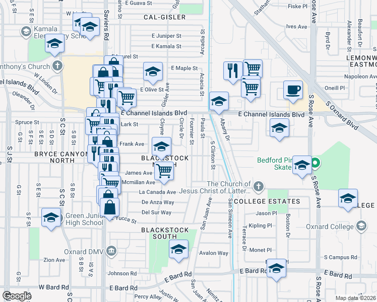map of restaurants, bars, coffee shops, grocery stores, and more near 3213 Fournier Street in Oxnard