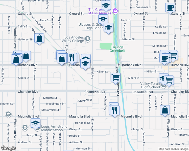map of restaurants, bars, coffee shops, grocery stores, and more near 5516 Ethel Avenue in Los Angeles