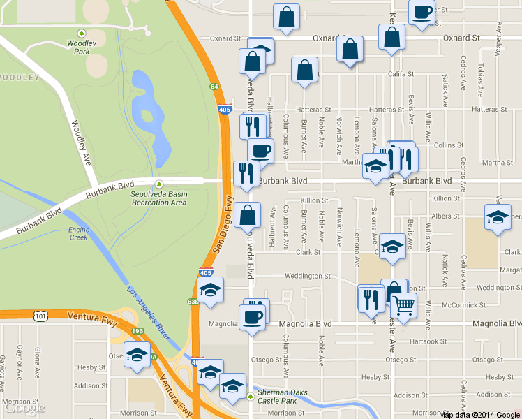 map of restaurants, bars, coffee shops, grocery stores, and more near 5460 Sepulveda Boulevard in Los Angeles