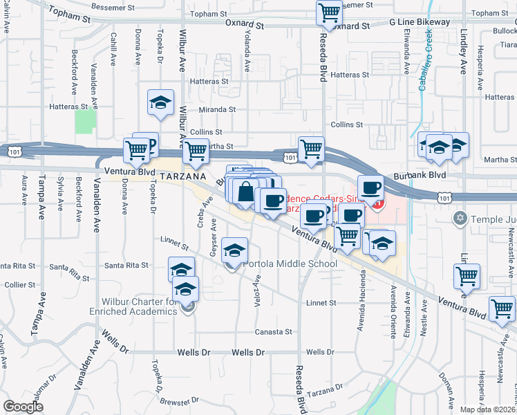 map of restaurants, bars, coffee shops, grocery stores, and more near 18663 Ventura Boulevard in Los Angeles