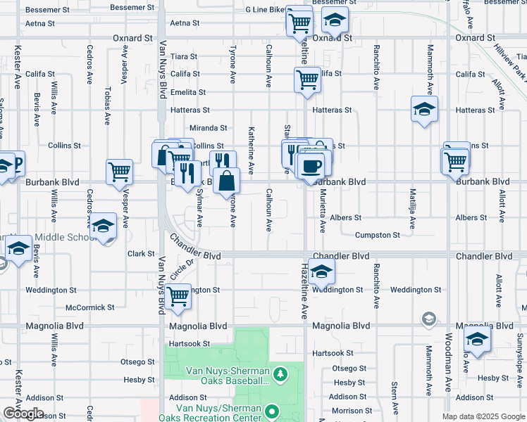 map of restaurants, bars, coffee shops, grocery stores, and more near 5450 Katherine Avenue in Los Angeles