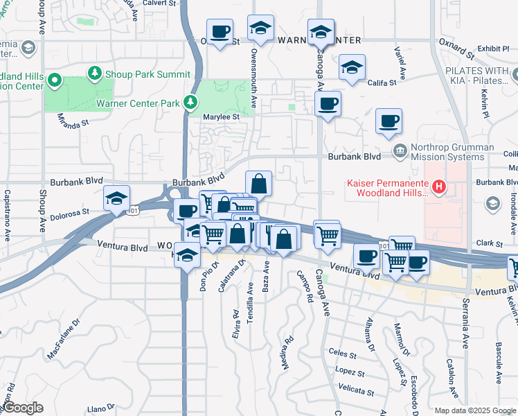 map of restaurants, bars, coffee shops, grocery stores, and more near 5530 Owensmouth Avenue in Los Angeles