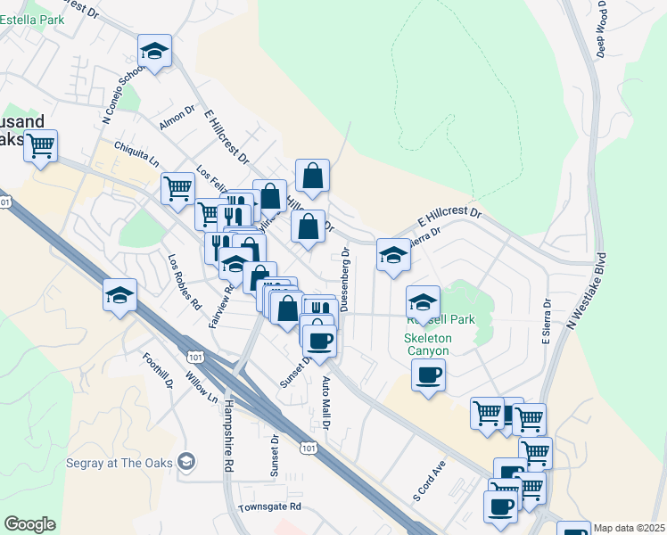 map of restaurants, bars, coffee shops, grocery stores, and more near 141 Duesenberg Drive in Westlake Village