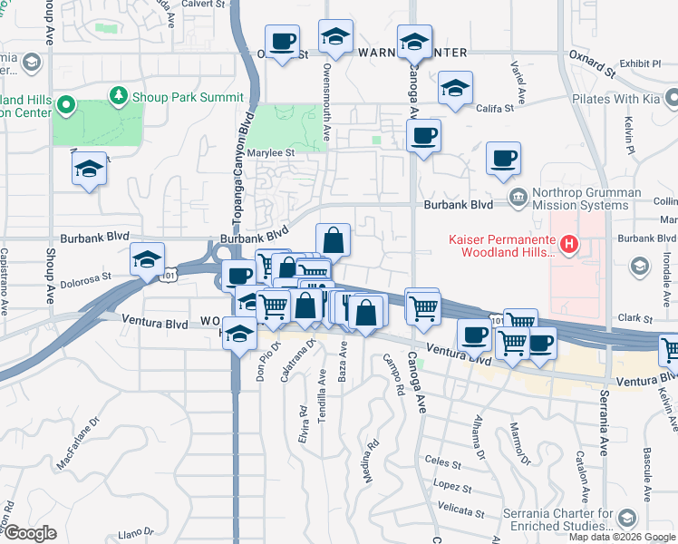 map of restaurants, bars, coffee shops, grocery stores, and more near 5500 Owensmouth Avenue in Los Angeles