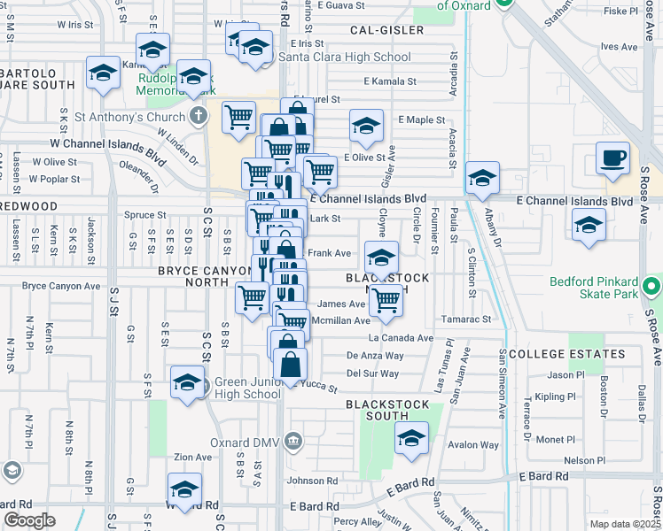 map of restaurants, bars, coffee shops, grocery stores, and more near 167 Hughes Drive in Oxnard