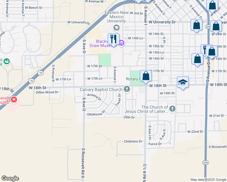 map of restaurants, bars, coffee shops, grocery stores, and more near 113 Texas Drive in Portales