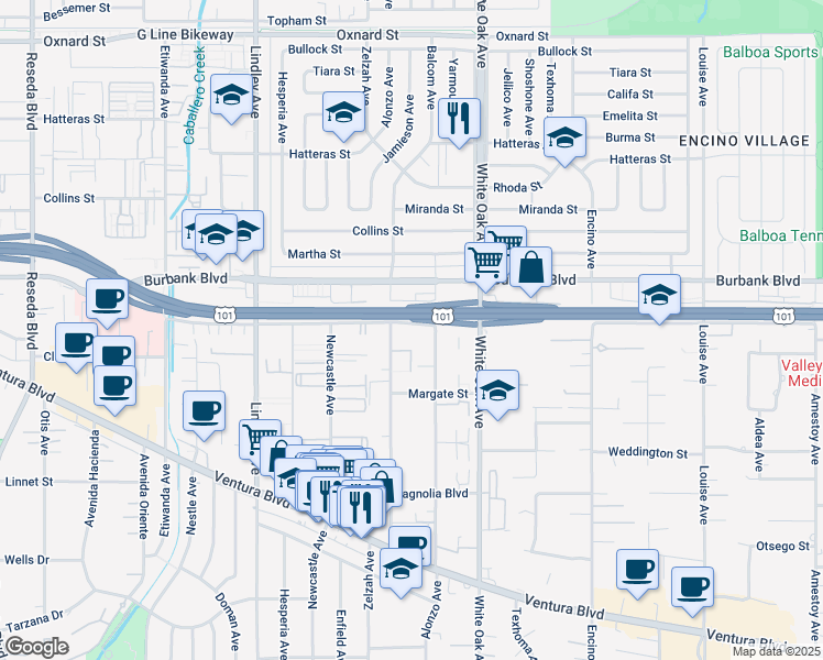 map of restaurants, bars, coffee shops, grocery stores, and more near 17836 Killion Street in Los Angeles