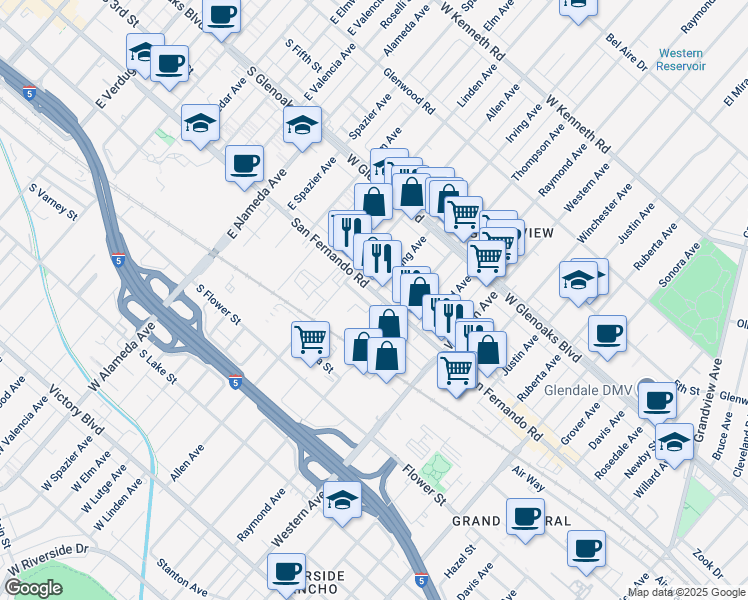 map of restaurants, bars, coffee shops, grocery stores, and more near 6701 San Fernando Road in Glendale