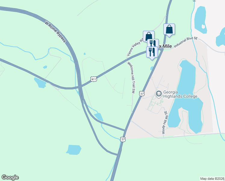 map of restaurants, bars, coffee shops, grocery stores, and more near 18 College Park Drive Southwest in Rome