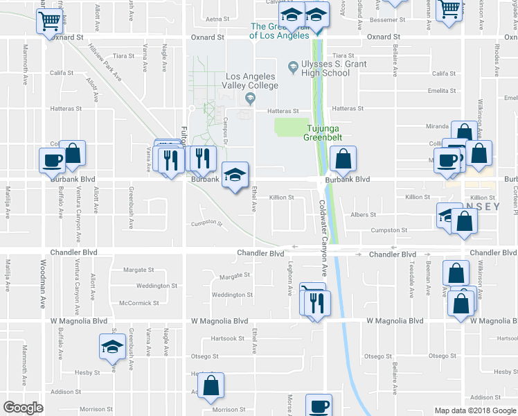map of restaurants, bars, coffee shops, grocery stores, and more near 5516 Ethel Avenue in Los Angeles