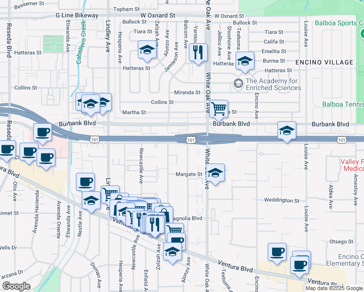map of restaurants, bars, coffee shops, grocery stores, and more near 5461 Yarmouth Avenue in Los Angeles