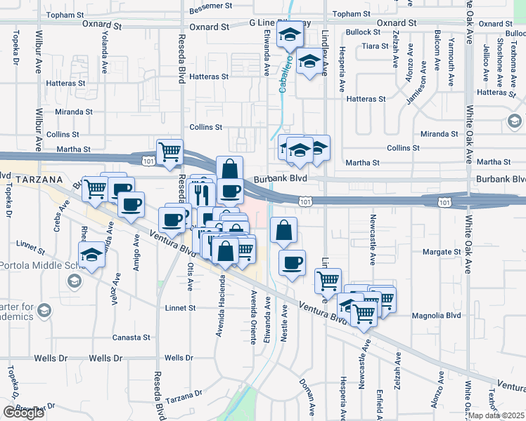 map of restaurants, bars, coffee shops, grocery stores, and more near 5525 Etiwanda Avenue in Los Angeles