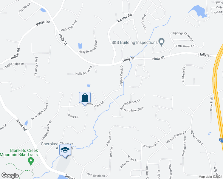 map of restaurants, bars, coffee shops, grocery stores, and more near 1107 Copper Creek Drive in Canton