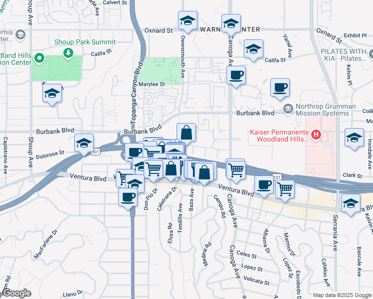 map of restaurants, bars, coffee shops, grocery stores, and more near 5500 Owensmouth Avenue in Los Angeles
