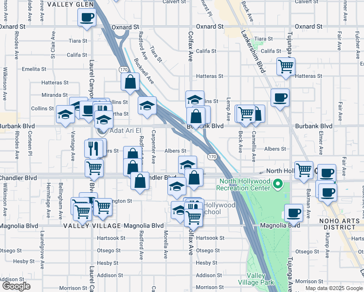 map of restaurants, bars, coffee shops, grocery stores, and more near 5506 Simpson Avenue in Los Angeles