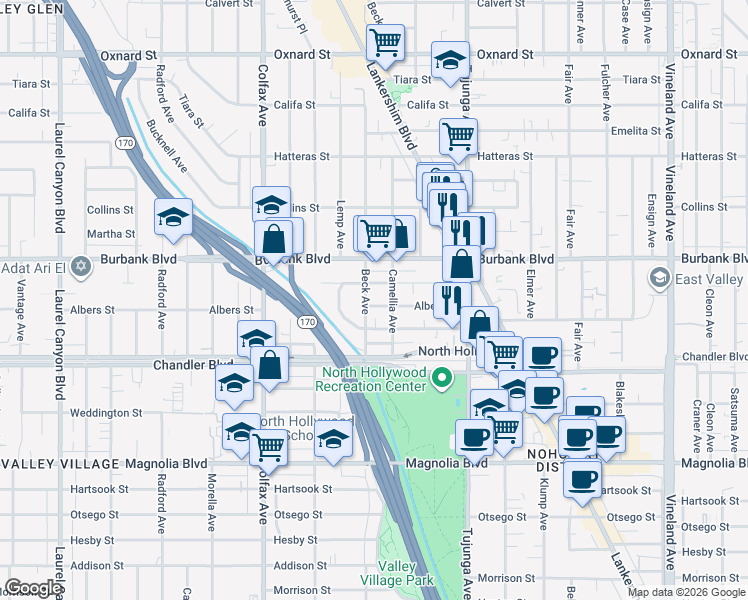 map of restaurants, bars, coffee shops, grocery stores, and more near 11521 Cumpston Street in Los Angeles