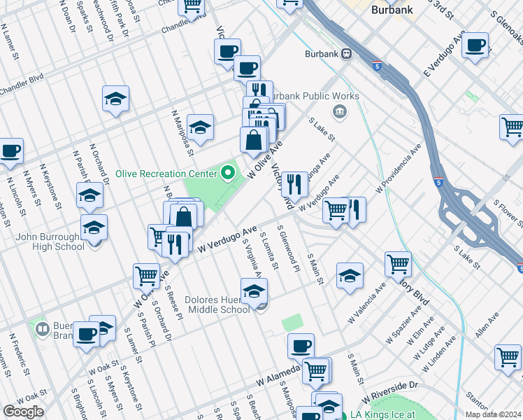 map of restaurants, bars, coffee shops, grocery stores, and more near 1017 West Verdugo Avenue in Burbank