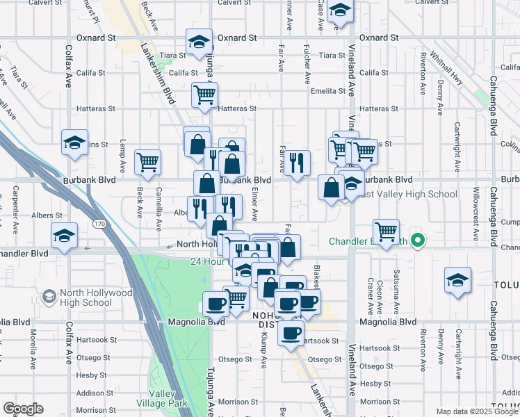map of restaurants, bars, coffee shops, grocery stores, and more near 5505 Klump Avenue in Los Angeles