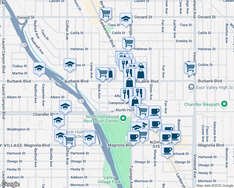 map of restaurants, bars, coffee shops, grocery stores, and more near 11475 Cumpston Street in Los Angeles
