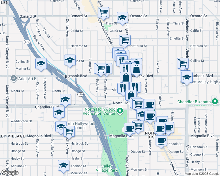 map of restaurants, bars, coffee shops, grocery stores, and more near 11475 Cumpston Street in Los Angeles