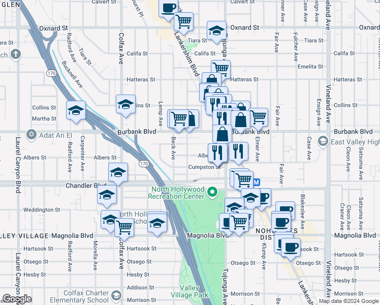 map of restaurants, bars, coffee shops, grocery stores, and more near 11475 Cumpston Street in Los Angeles