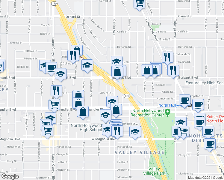 map of restaurants, bars, coffee shops, grocery stores, and more near 5446 Colfax Avenue in Los Angeles
