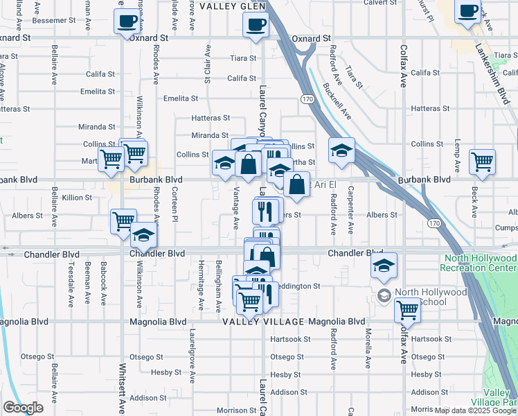 map of restaurants, bars, coffee shops, grocery stores, and more near 5451 Laurel Canyon Boulevard in Los Angeles