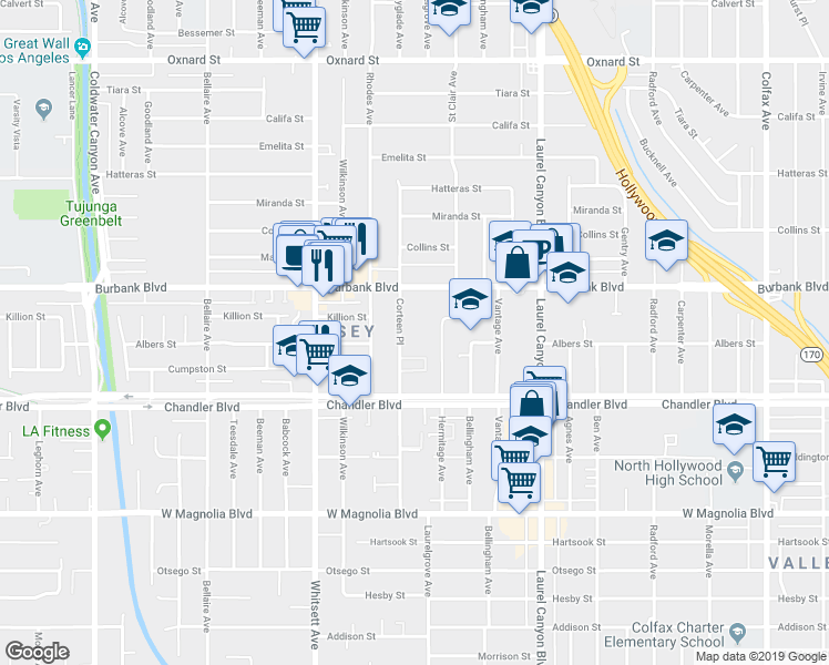 map of restaurants, bars, coffee shops, grocery stores, and more near 5444 Corteen Place in Los Angeles